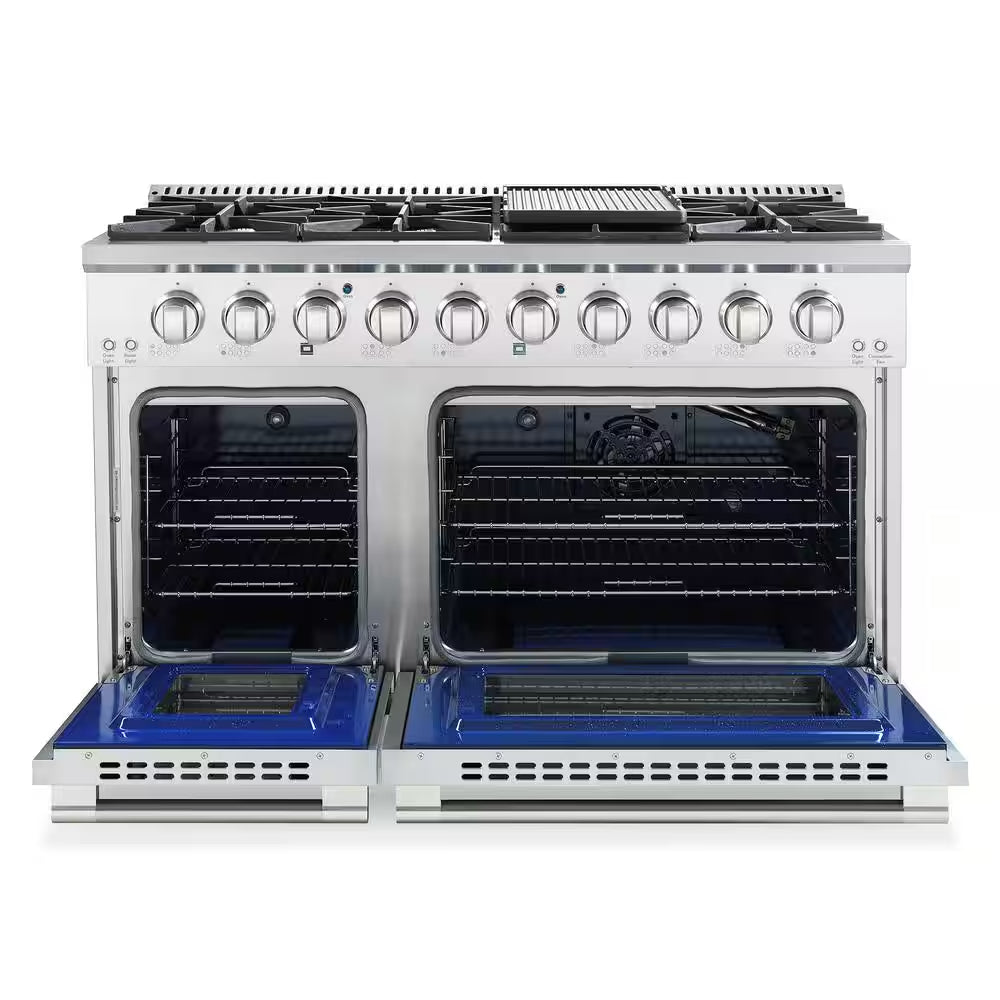 48 In. Vista Collection 6.6 Cu. Ft. Double Oven Gas Range, 8-Burners, LED Panel, Cast Iron Grates, Stainless Steel