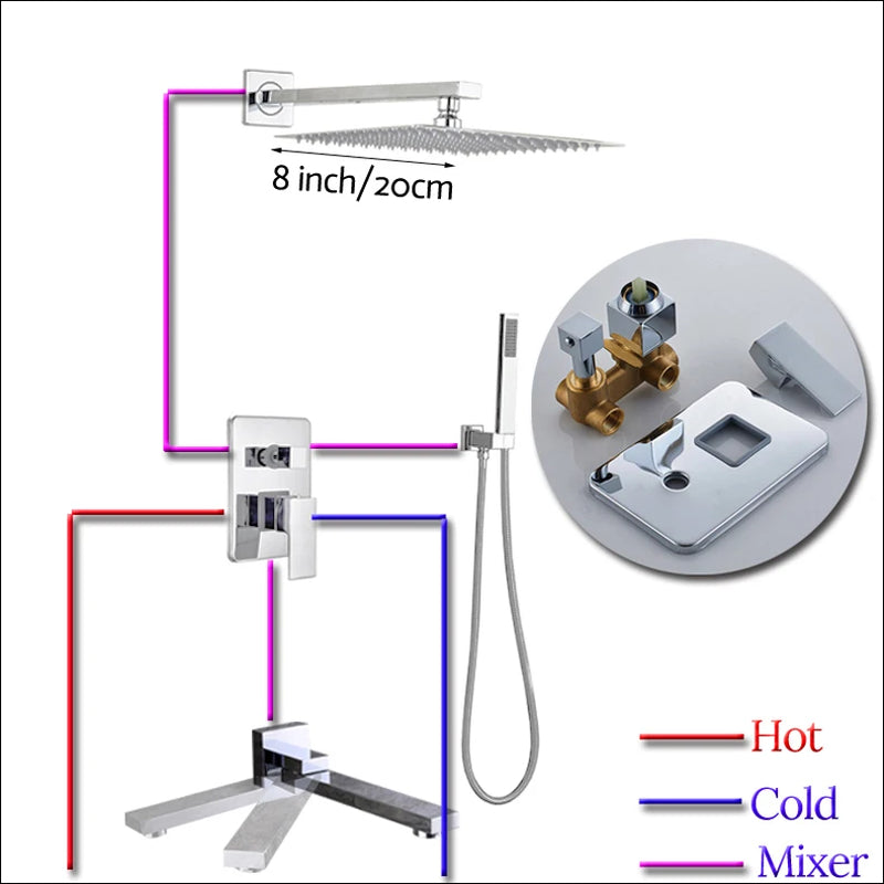 Wall Mount Rainfall Shower Faucet Set Chrome Concealed Bathroom Faucets System 16'' Head with Swivel Tub Spout Mixer Tap
