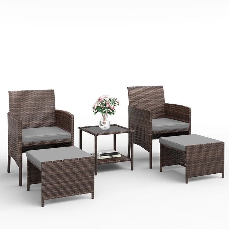 5 Piece Patio Furniture Set, Outdoor Patio Conversation Rattan Chair with Ottomans/Storage Coffee Table for Patio, Space Saving Design for Balcony Poolside Front Porch Deck,Brown Rattan, Gray