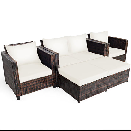 5PCS Patio Rattan Furniture Set Loveseat Sofa Ottoman Cushioned White