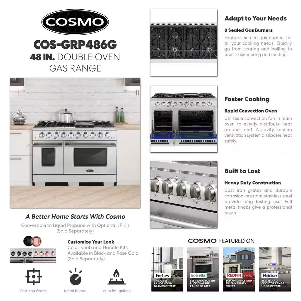48 In. Vista Collection 6.6 Cu. Ft. Double Oven Gas Range, 8-Burners, LED Panel, Cast Iron Grates, Stainless Steel