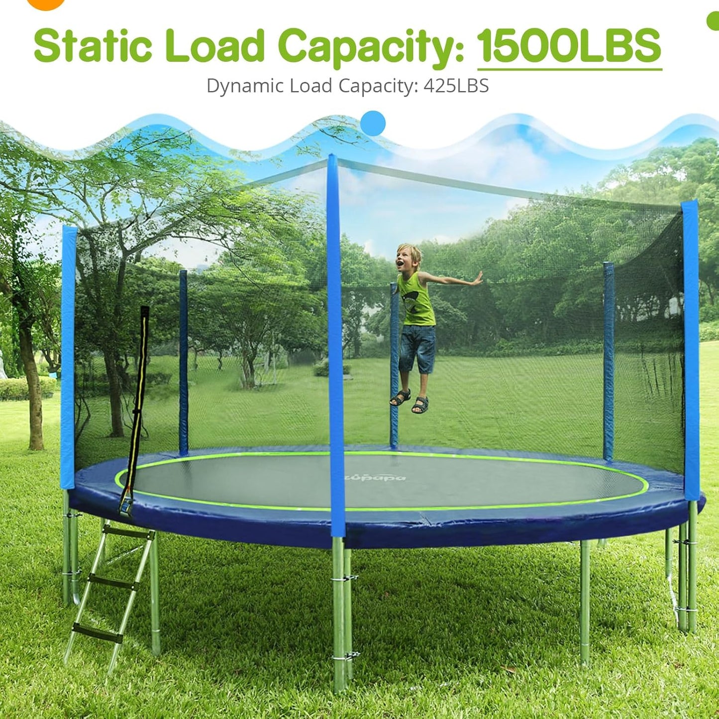 1800LBS Capacity No-Gap Design 16 15 14 12FT Trampoline with Safety Enclosure Net and Non-Slip Ladder 10-Year Quality Assurance Perfect for Kids Family Outdoor Backyard Fun