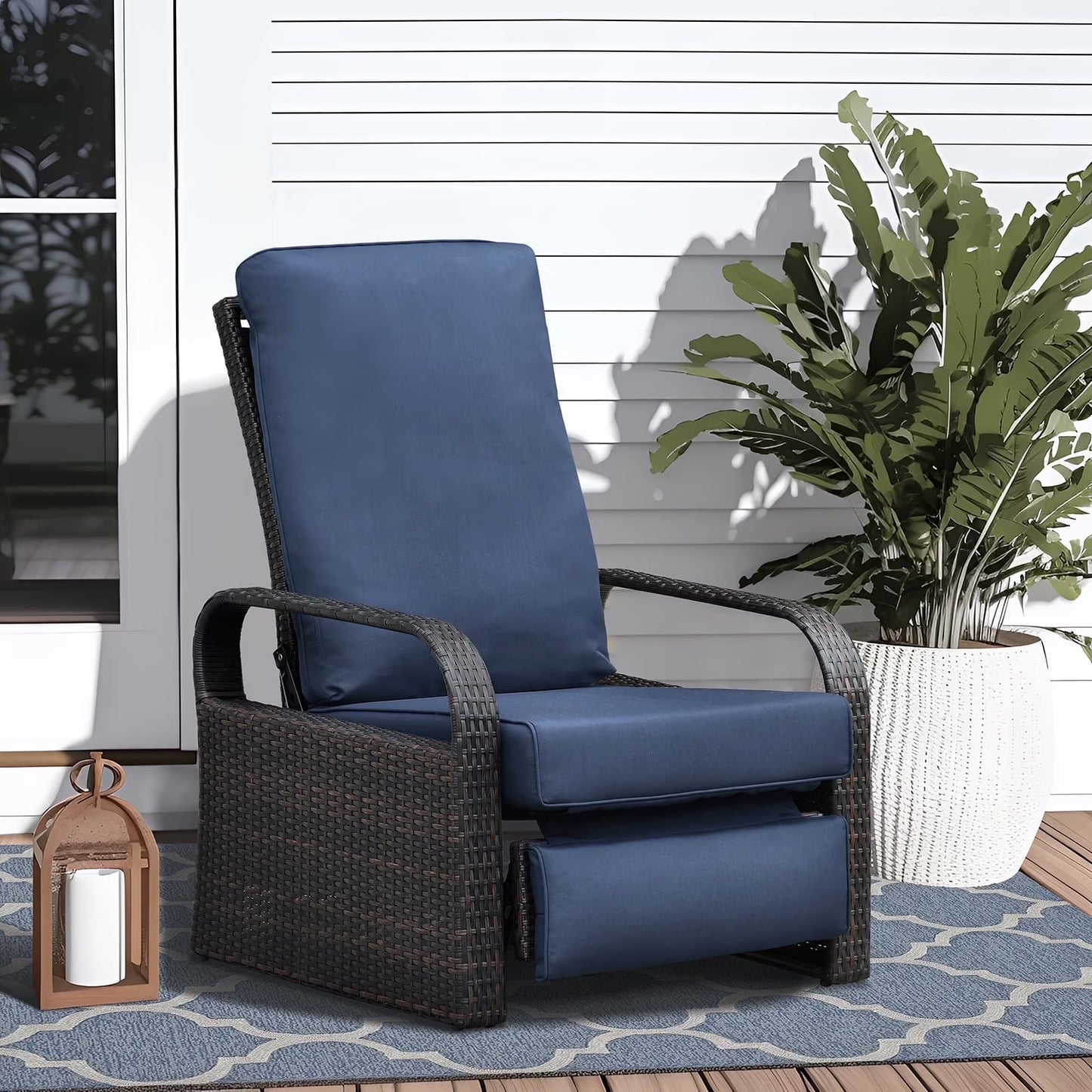 Outdoor Patio Adjustable Wicker Reclining Chair,Navy Blue