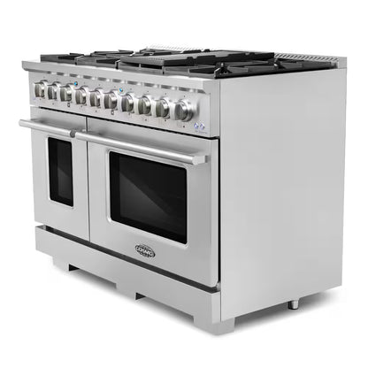 48 In. Vista Collection 6.6 Cu. Ft. Double Oven Gas Range, 8-Burners, LED Panel, Cast Iron Grates, Stainless Steel