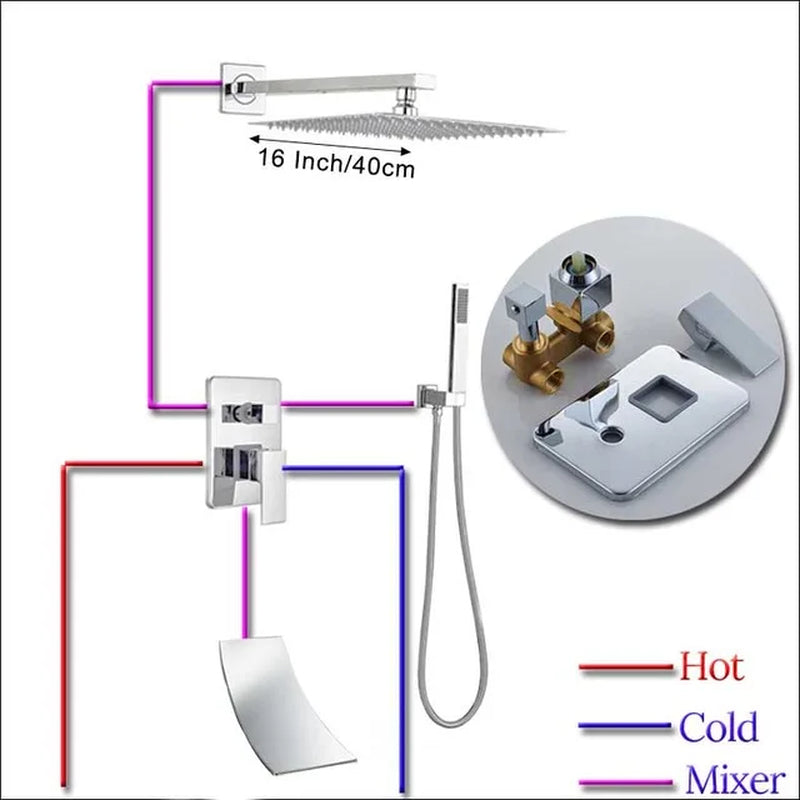 Wall Mount Rainfall Shower Faucet Set Chrome Concealed Bathroom Faucets System 16'' Head with Swivel Tub Spout Mixer Tap