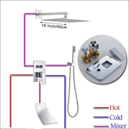 Wall Mount Rainfall Shower Faucet Set Chrome Concealed Bathroom Faucets System 16'' Head with Swivel Tub Spout Mixer Tap