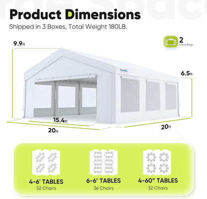 20X20Ft Heavy Duty Party Tent Outdoor Canopy with Mesh Windows | Side-Opening Screen Sidewalls, 1.5" Galvanized Steel Frame,160G PE Waterproof Canopy for Weddings, Parties & Events