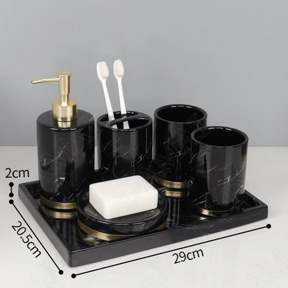 European Ceramic Bathroom Set Five Piece Set Marble Texture Washbasin Soap Bottle Golden Stroke Modern Home Bathrooms Decoration