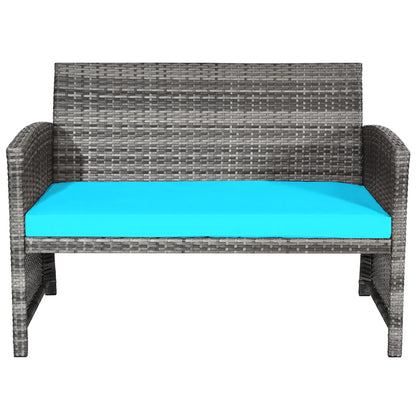 4PCS Patio Rattan Furniture Set Conversation Glass Table Top Cushioned