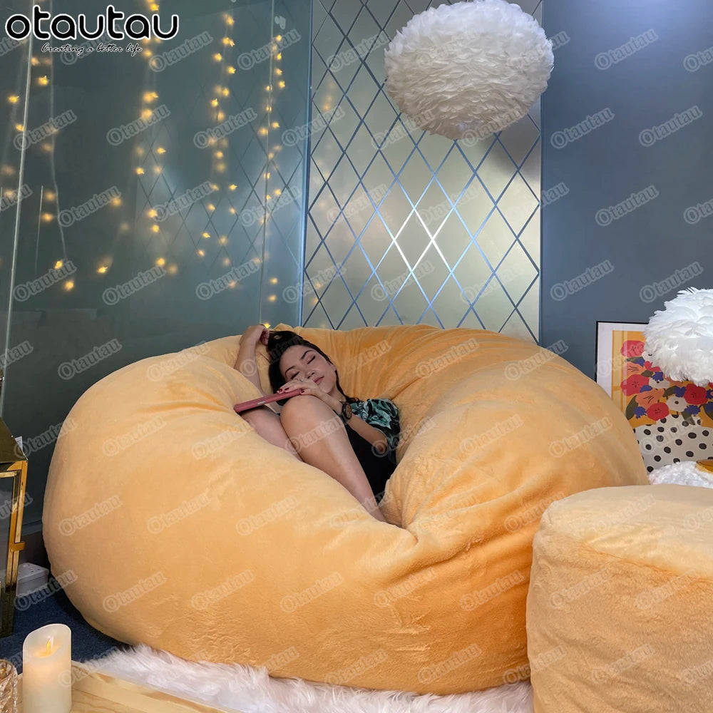 5/6/7Ft round Giant Fur Sofa Sac Cover Bean Bag Bed Pouf Fluffy Comfy Beanbag Couch Futon Movie Recliner DD1TM9T