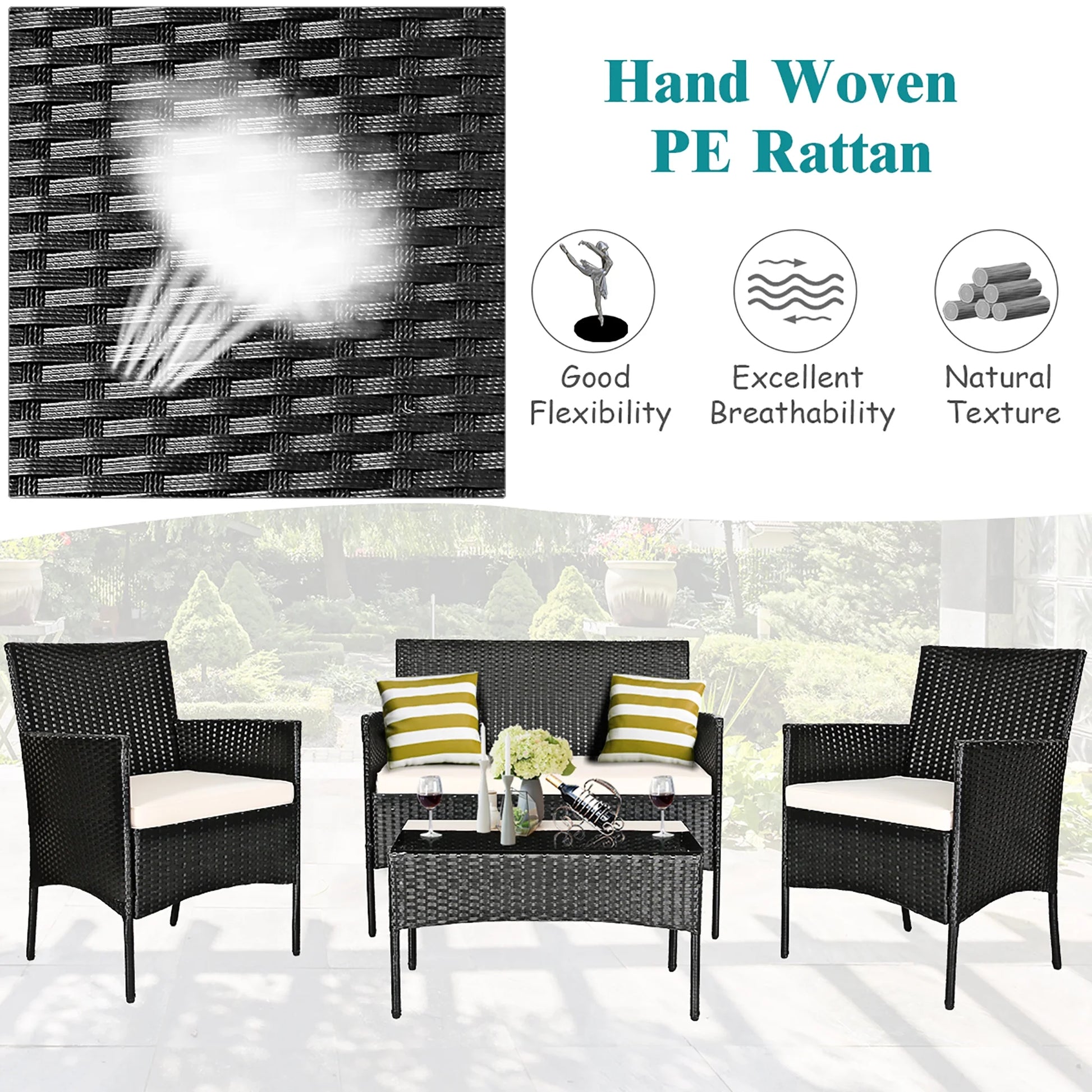 4PCS Patio Furniture Set Rattan Wicker Conversation Set Outdoor
