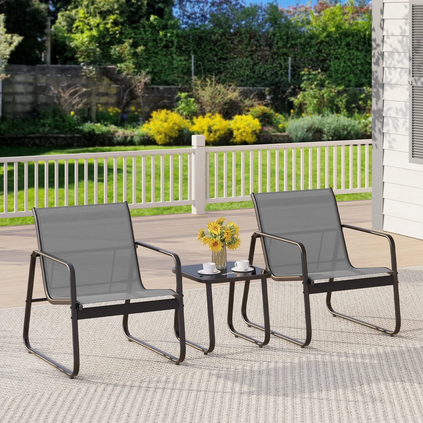 3-Piece Outdoor Bistro Furniture Set, 2-Seater Patio Conversation Chairs with Anti-Rust Metal Frame, Gray
