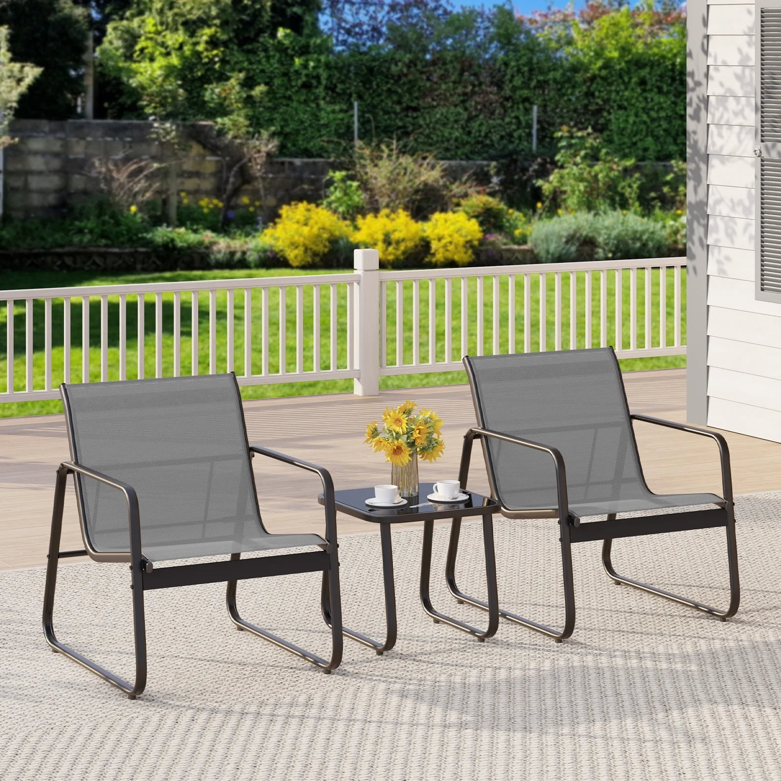 3-Piece Outdoor Bistro Furniture Set, 2-Seater Patio Conversation Chairs with Anti-Rust Metal Frame, Gray