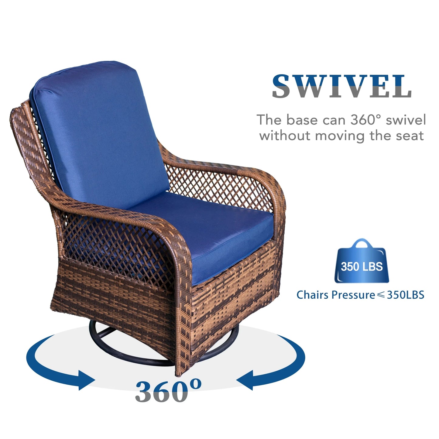 Rattan Swivel Rocking Chairs 3 PC Patio Conversation Set, Outdoor Bistro Set Lawn Garden with 2 Cushioned Chairs & 1 Side Table