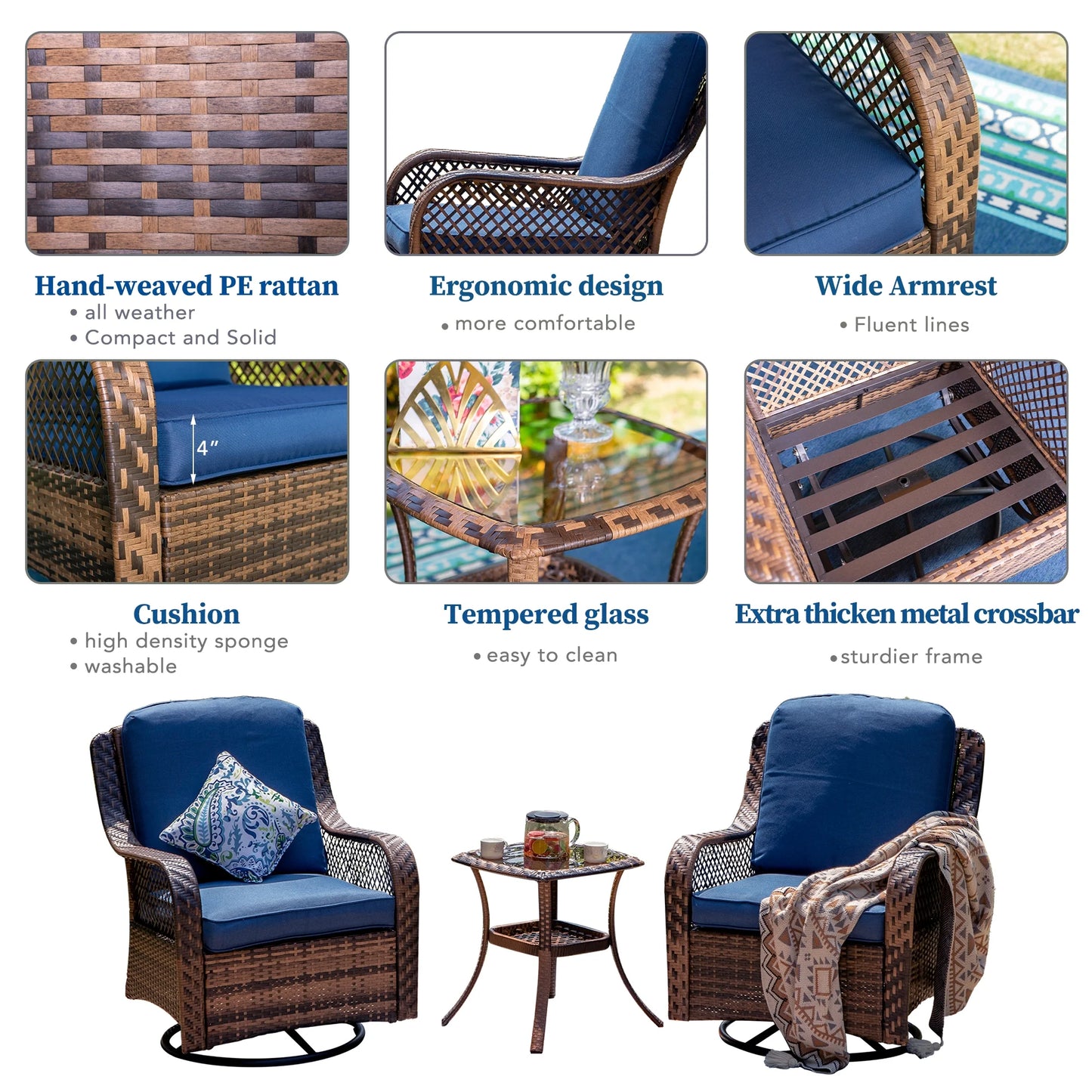 Rattan Swivel Rocking Chairs 3 PC Patio Conversation Set, Outdoor Bistro Set Lawn Garden with 2 Cushioned Chairs & 1 Side Table