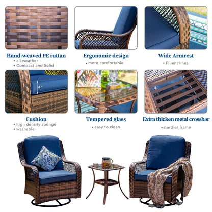 Rattan Swivel Rocking Chairs 3 PC Patio Conversation Set, Outdoor Bistro Set Lawn Garden with 2 Cushioned Chairs & 1 Side Table