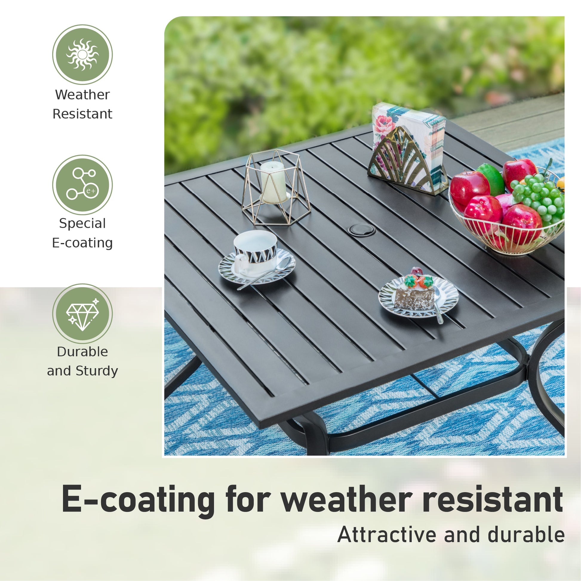 Outdoor Table and Chairs 5 -Piece Black Patio Dining Set Steel Square Table with 4 Brown Swivel Chairs
