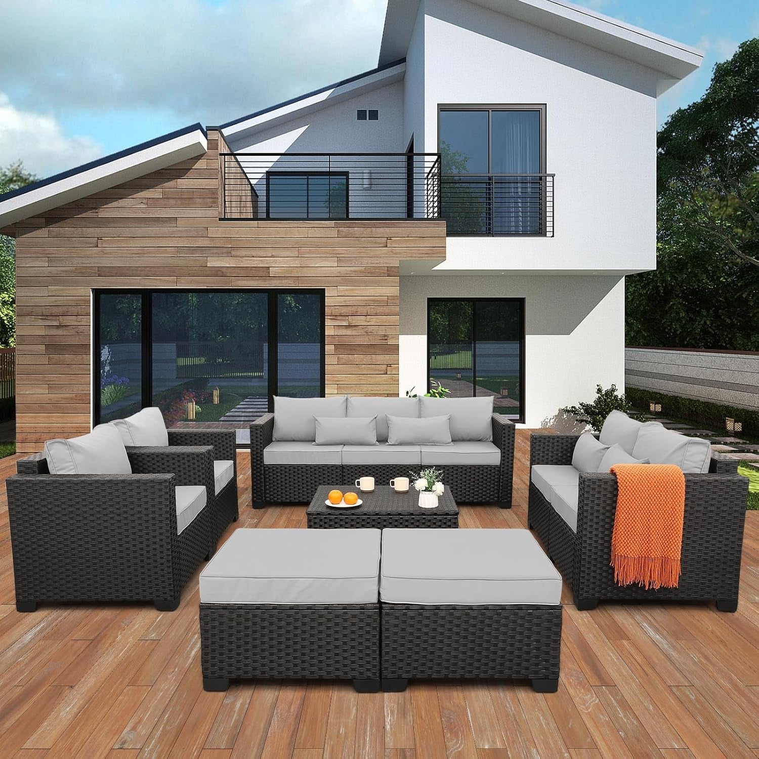 Patio Furniture Sets 7 Pieces Outdoor Furniture Sectional Patio Couches Set with Storage Table Light Grey Cushions